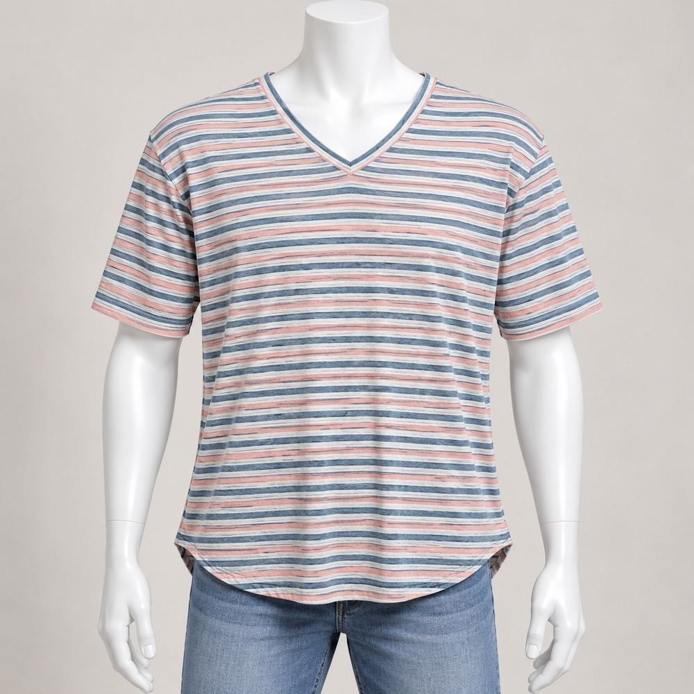 Caslon V-Neck Striped Long Sleeve Top Womens Large Blue Coral Casual Knit
